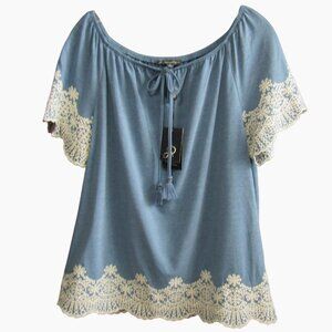 Adrianna Papell Blue Embroidered Boho Peasant Top Size M Tassel Tie Neck New Tag